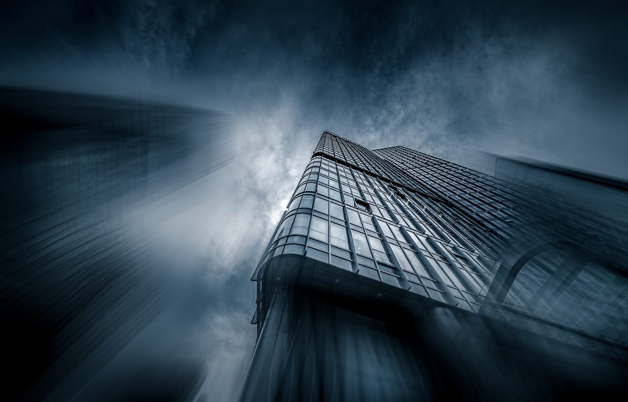 building, city, urban, outdoors, skyscraper, town, street, intersection, sky, lighting, nature, dark